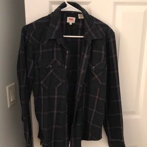Levi’s dark green with white stripes button up long sleeve